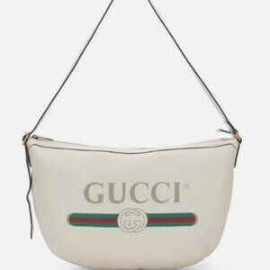 Gucci New W/Tag Authentic Crossbody Bag Ivory Leather Logo Print Half Moon Hobo